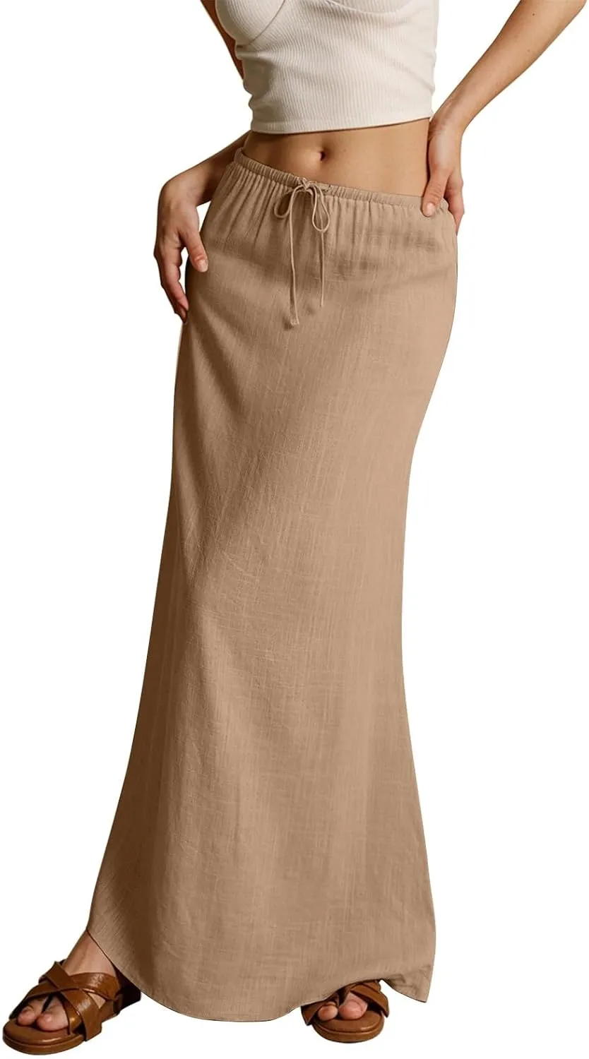Linen Maxi Skirts for Women Trendy Summer Comfy Drawstring Waist A Line Skirts Cute Vacation Boho Long Flowy Skirts