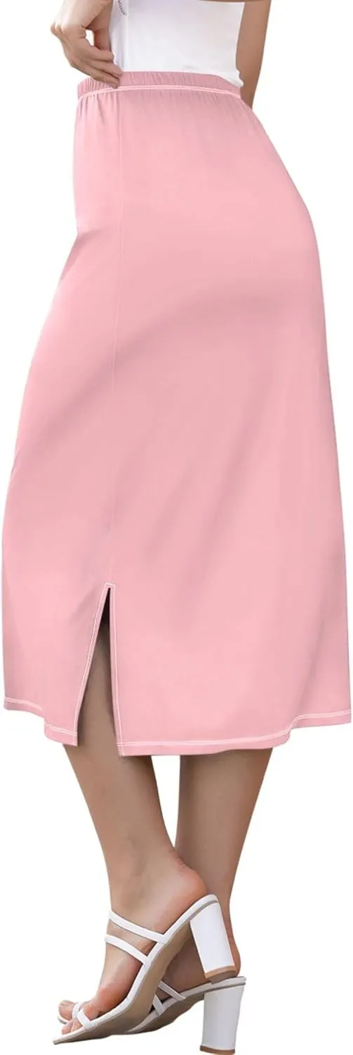 Linen Midi Skirts with Slit Womens Floral Straight Skirt High Waist Stretch Ladies Skirts