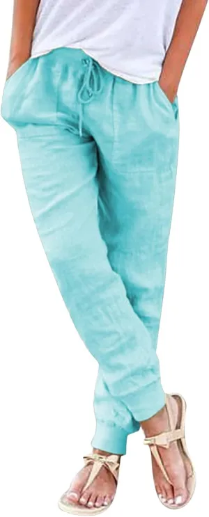 Linen Pants For Women 2025 Petite Summer Drawstring Elastic High Waist Comfy 2025 Lounge Vacation Tapered Trousers