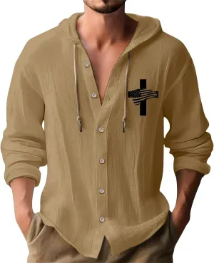 Linen Shirts for Mens American Independence Day Button Casual Hoodie Shirt 2025 Long Sleeve Cotton Beach Tops with Hood