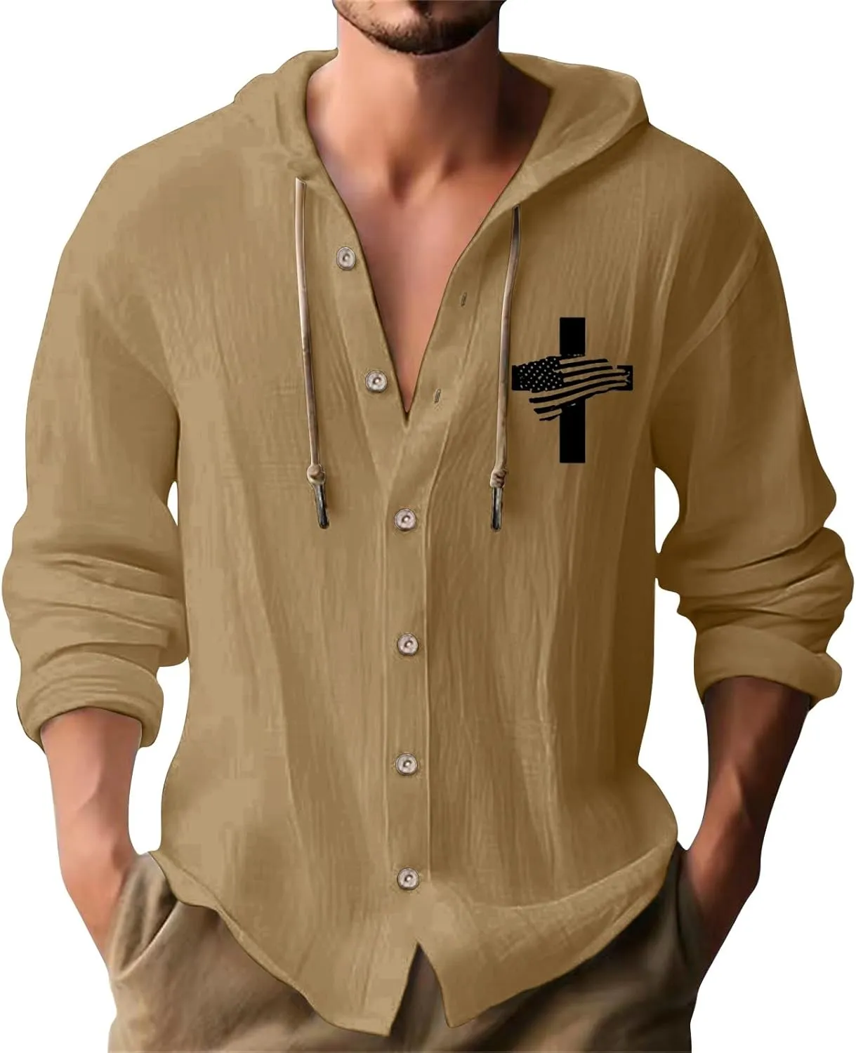 Linen Shirts for Mens American Independence Day Button Casual Hoodie Shirt 2025 Long Sleeve Cotton Beach Tops with Hood