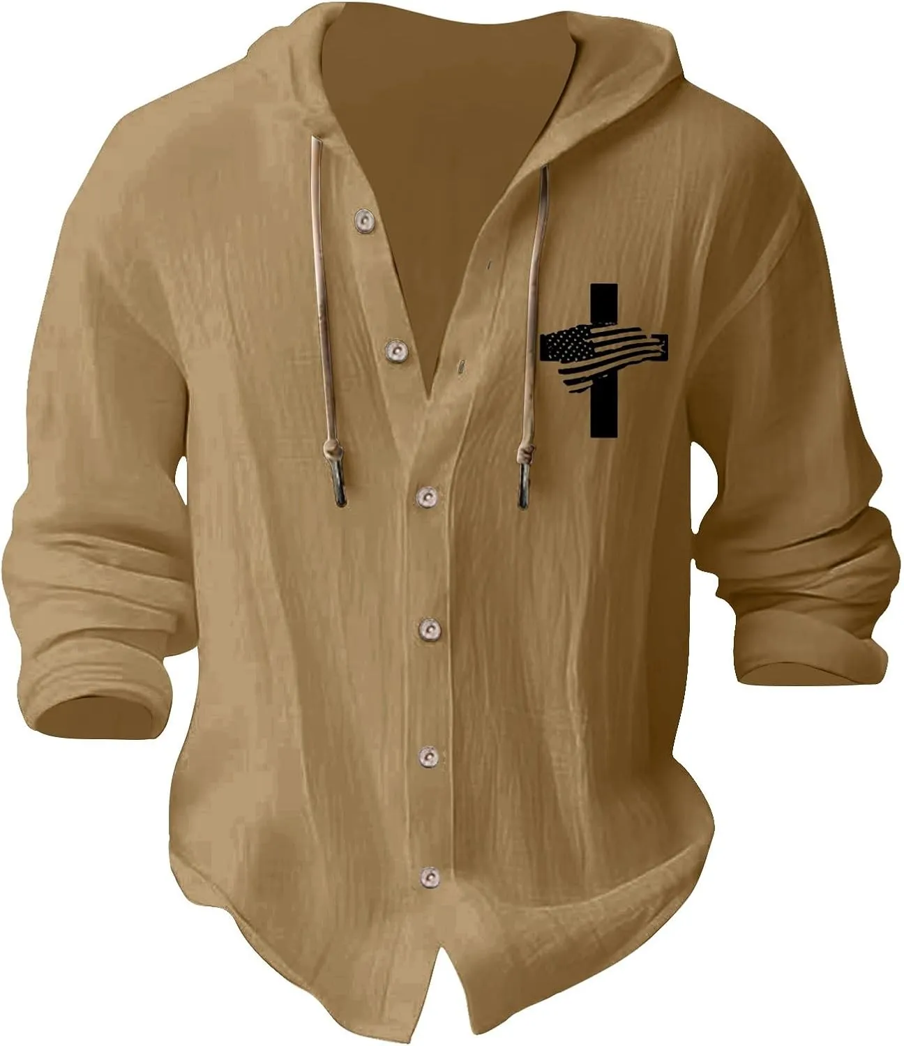 Linen Shirts for Mens American Independence Day Button Casual Hoodie Shirt 2025 Long Sleeve Cotton Beach Tops with Hood
