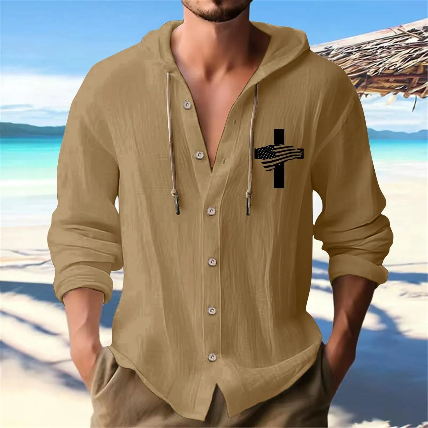 Linen Shirts for Mens American Independence Day Button Casual Hoodie Shirt 2025 Long Sleeve Cotton Beach Tops with Hood