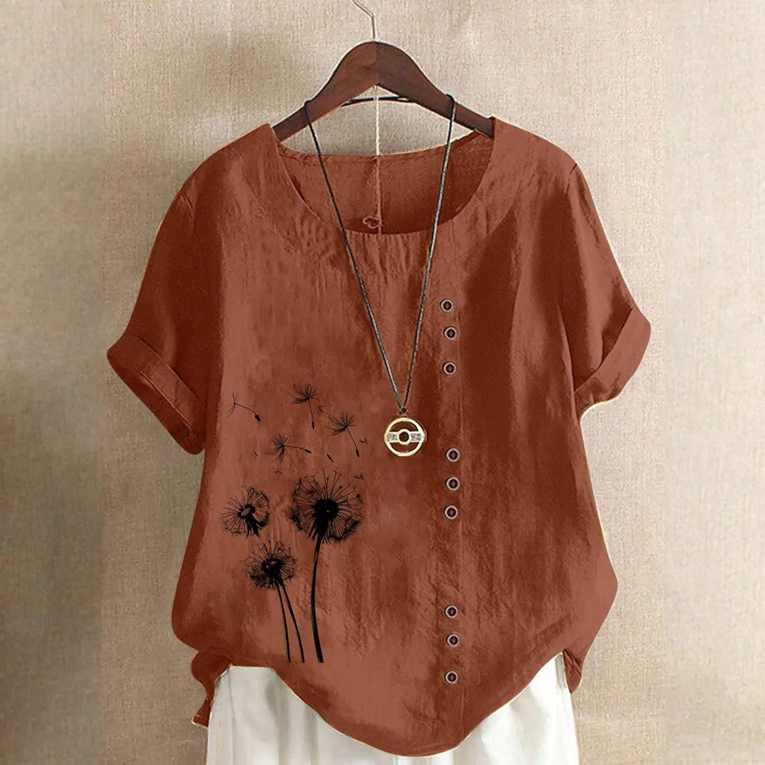 Linen Shirts for Women Plus Size Printed T Shirts Short Sleeve Button Down Blouse Summer Beach Vacation Tops 2025