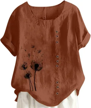 Linen Shirts for Women Plus Size Printed T Shirts Short Sleeve Button Down Blouse Summer Beach Vacation Tops 2025
