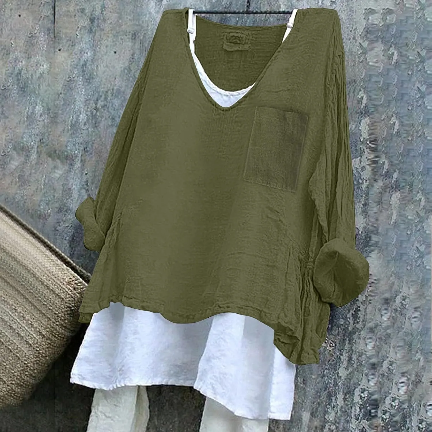 Linen Shirts for Women V Neck Long Rolled Sleeve Office Work Tops Casual Boho Vintage Vacation Tees Shirt Blouse