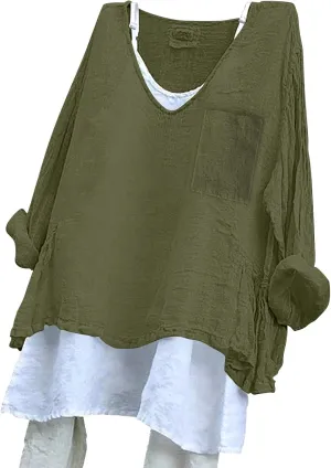 Linen Shirts for Women V Neck Long Rolled Sleeve Office Work Tops Casual Boho Vintage Vacation Tees Shirt Blouse