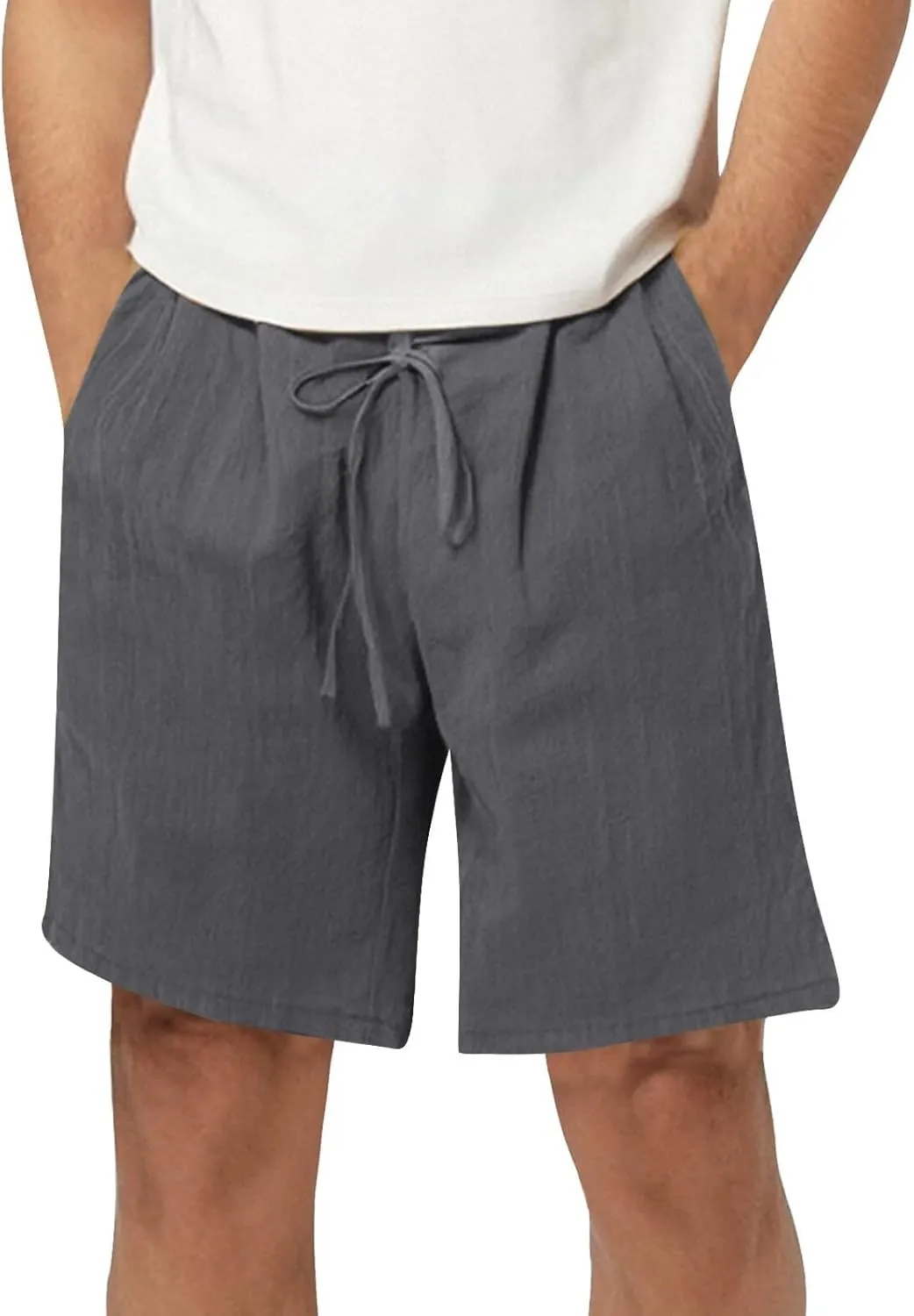 Linen Shorts for Men Elastic Waist Drawstring Shorts Relaxed Fit Summer Lightweight Pants with Pockets