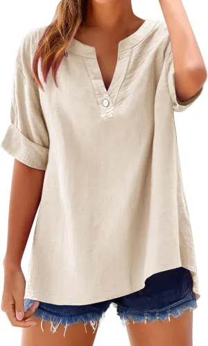Linen Tops for Women 2025 Summer V Neck Button Down Tops Trendy Short Sleeve Solid Casual Shirts Loose Fit T Shirts