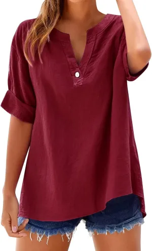 Linen Tops for Women 2025 Summer V Neck Button Down Tops Trendy Short Sleeve Solid Casual Shirts Loose Fit T Shirts