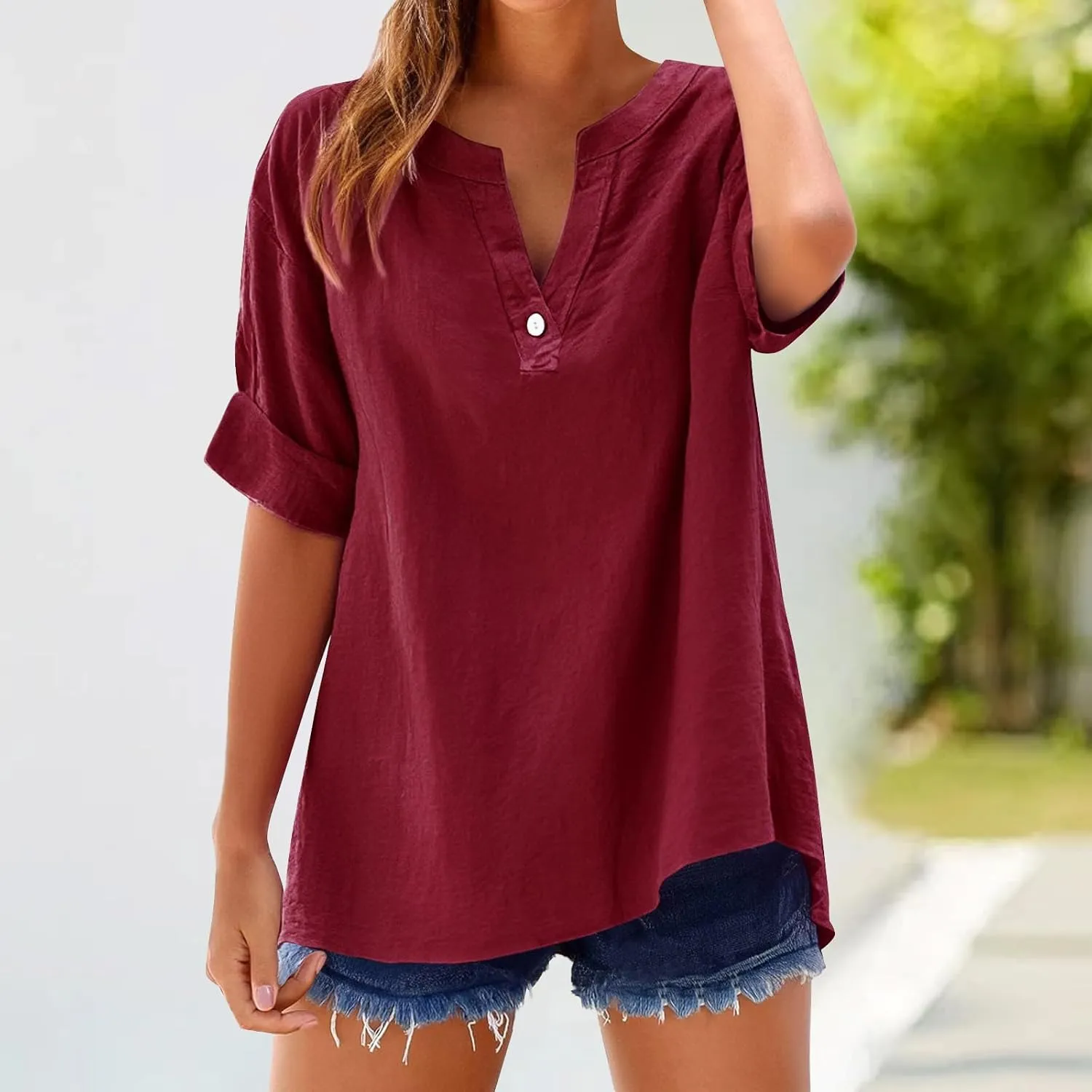 Linen Tops for Women 2025 Summer V Neck Button Down Tops Trendy Short Sleeve Solid Casual Shirts Loose Fit T Shirts