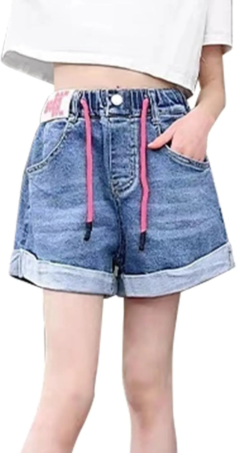 Little Girls Jean Shorts Denim Shorts Elastic Waist Drawstring Shorts for Girls 7-14 Years