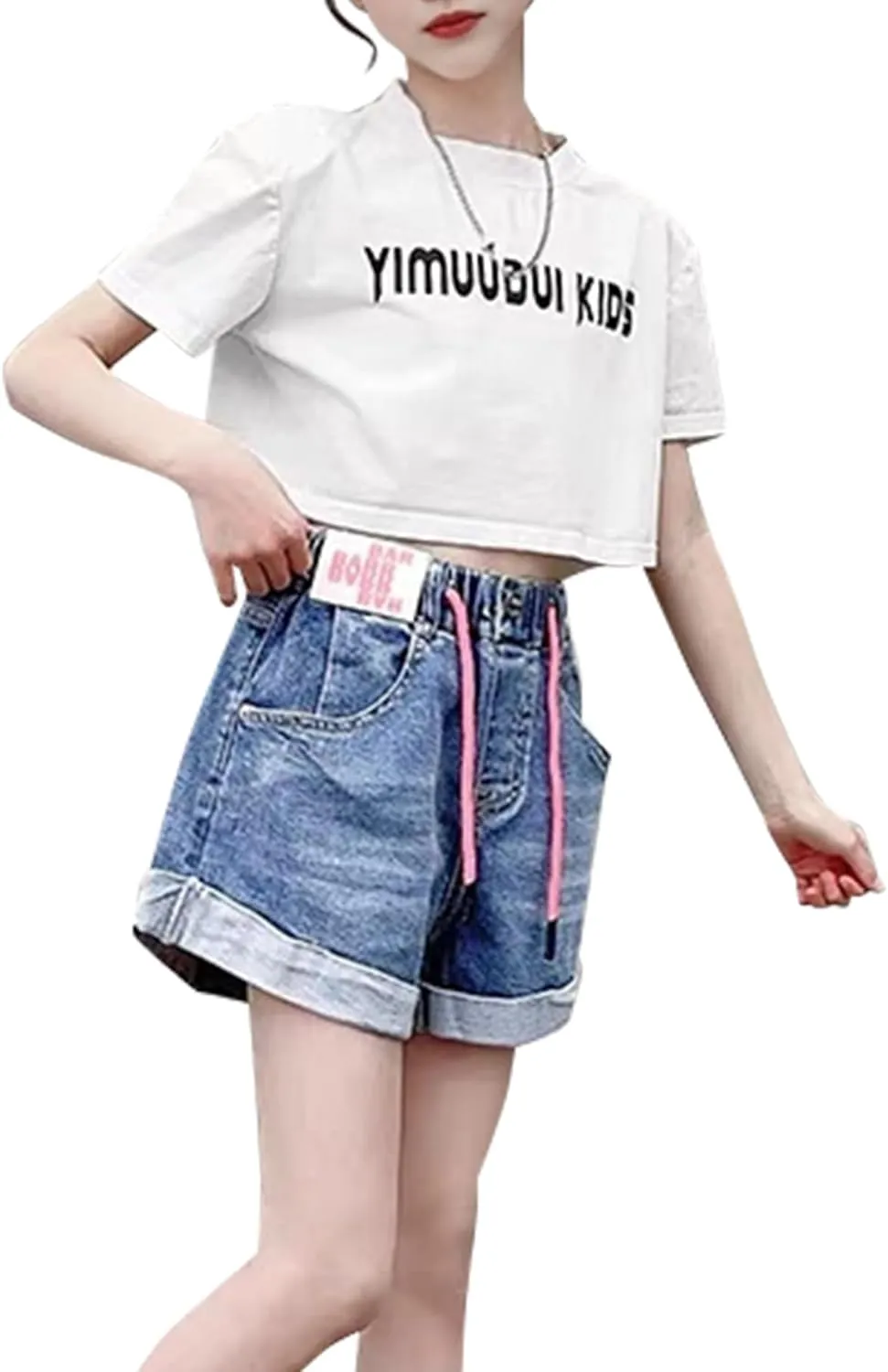 Little Girls Jean Shorts Denim Shorts Elastic Waist Drawstring Shorts for Girls 7-14 Years