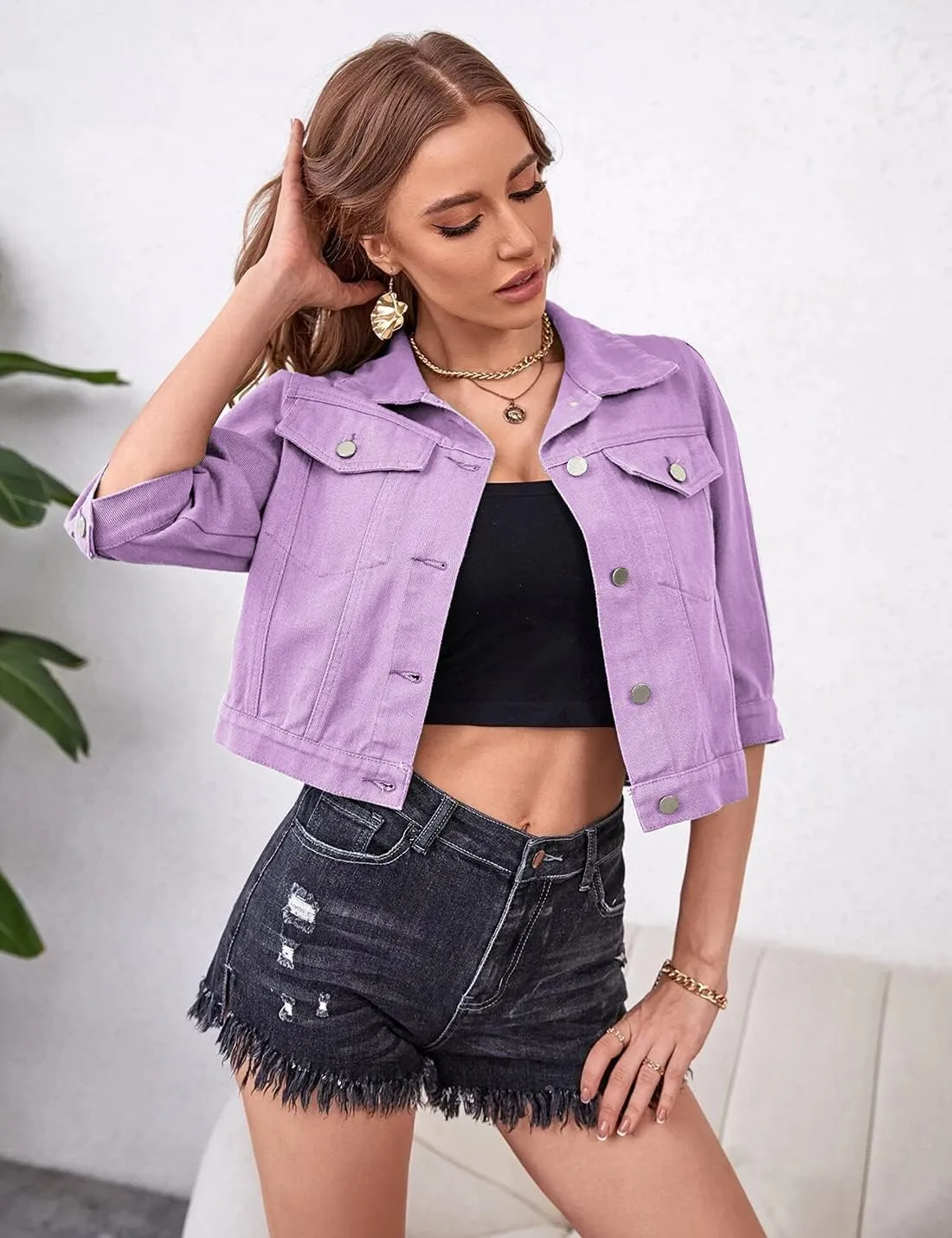 Locachy Womens 3/4 Sleeve Short Denim Jacket Lapel Button Down Cropped Trucker Jean Jackets Coats