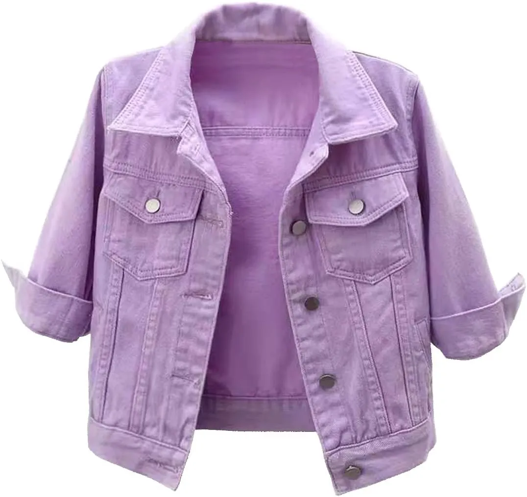 Locachy Womens 3/4 Sleeve Short Denim Jacket Lapel Button Down Cropped Trucker Jean Jackets Coats