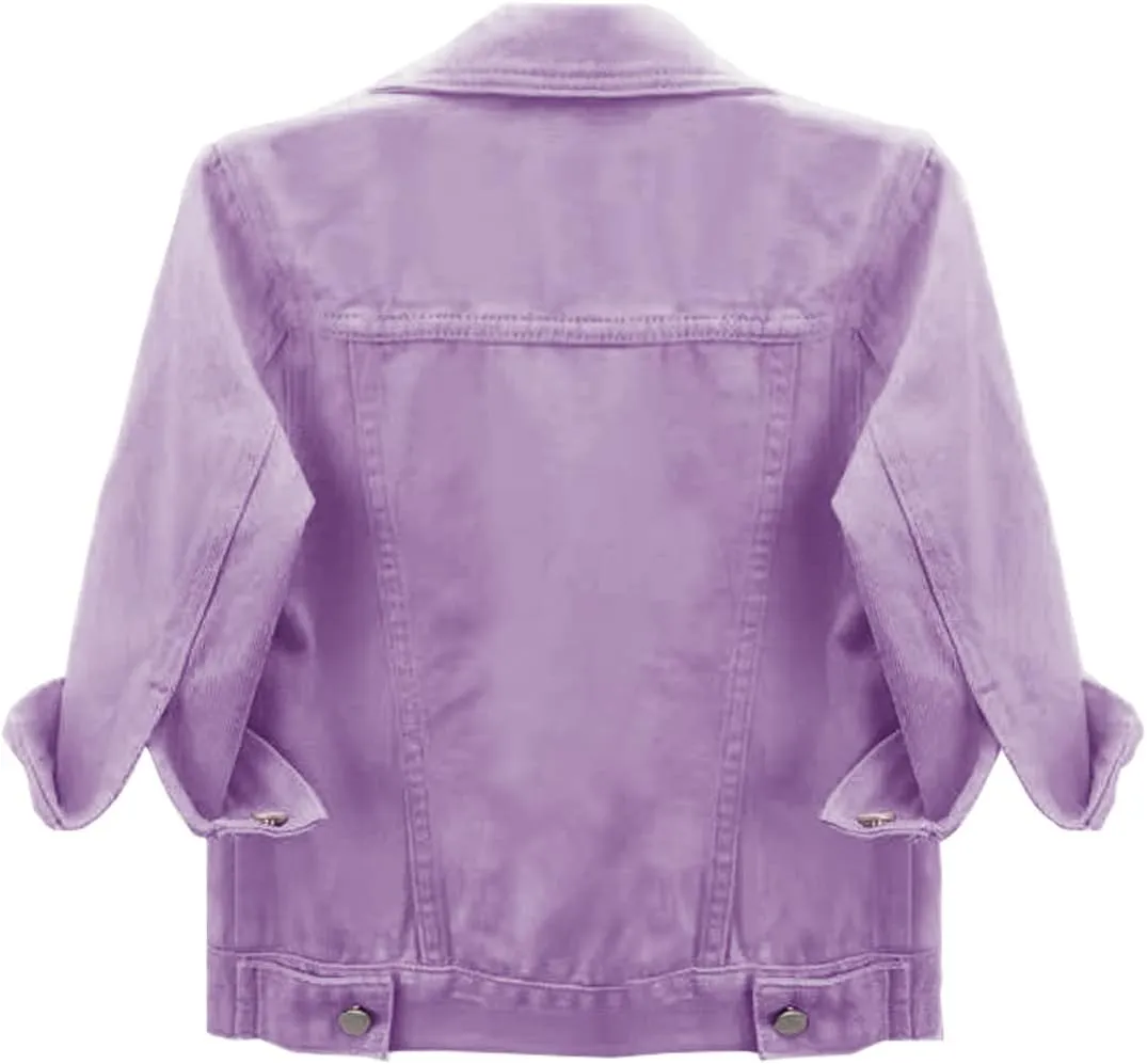Locachy Womens 3/4 Sleeve Short Denim Jacket Lapel Button Down Cropped Trucker Jean Jackets Coats