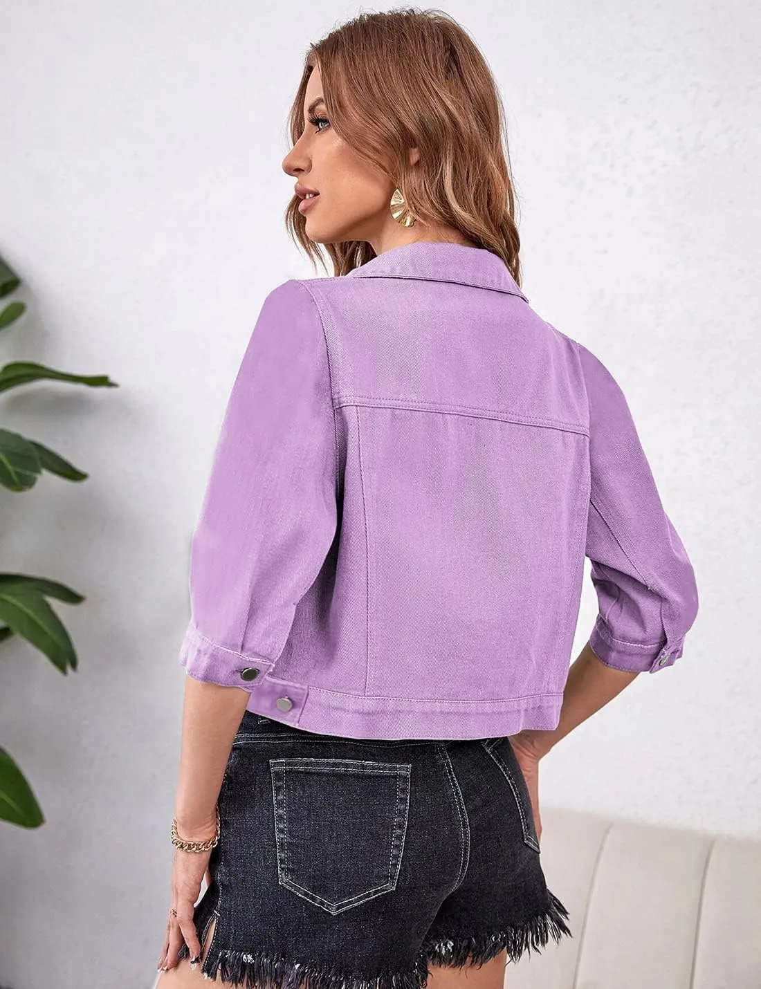 Locachy Womens 3/4 Sleeve Short Denim Jacket Lapel Button Down Cropped Trucker Jean Jackets Coats