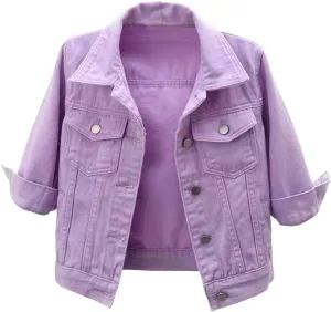 Locachy Womens 3/4 Sleeve Short Denim Jacket Lapel Button Down Cropped Trucker Jean Jackets Coats