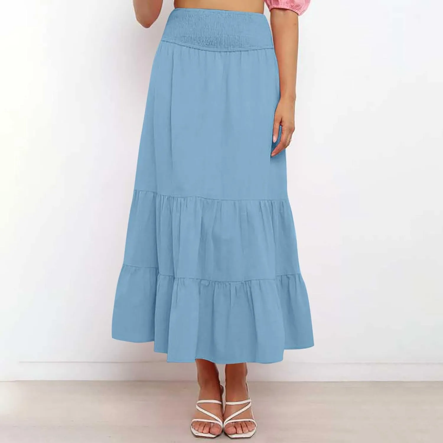 Long Flowy Skirts for Women Summer Ruffle Skirts High Waist Boho Skirts Pleated A Line Skirts Casual Vacation Skirts