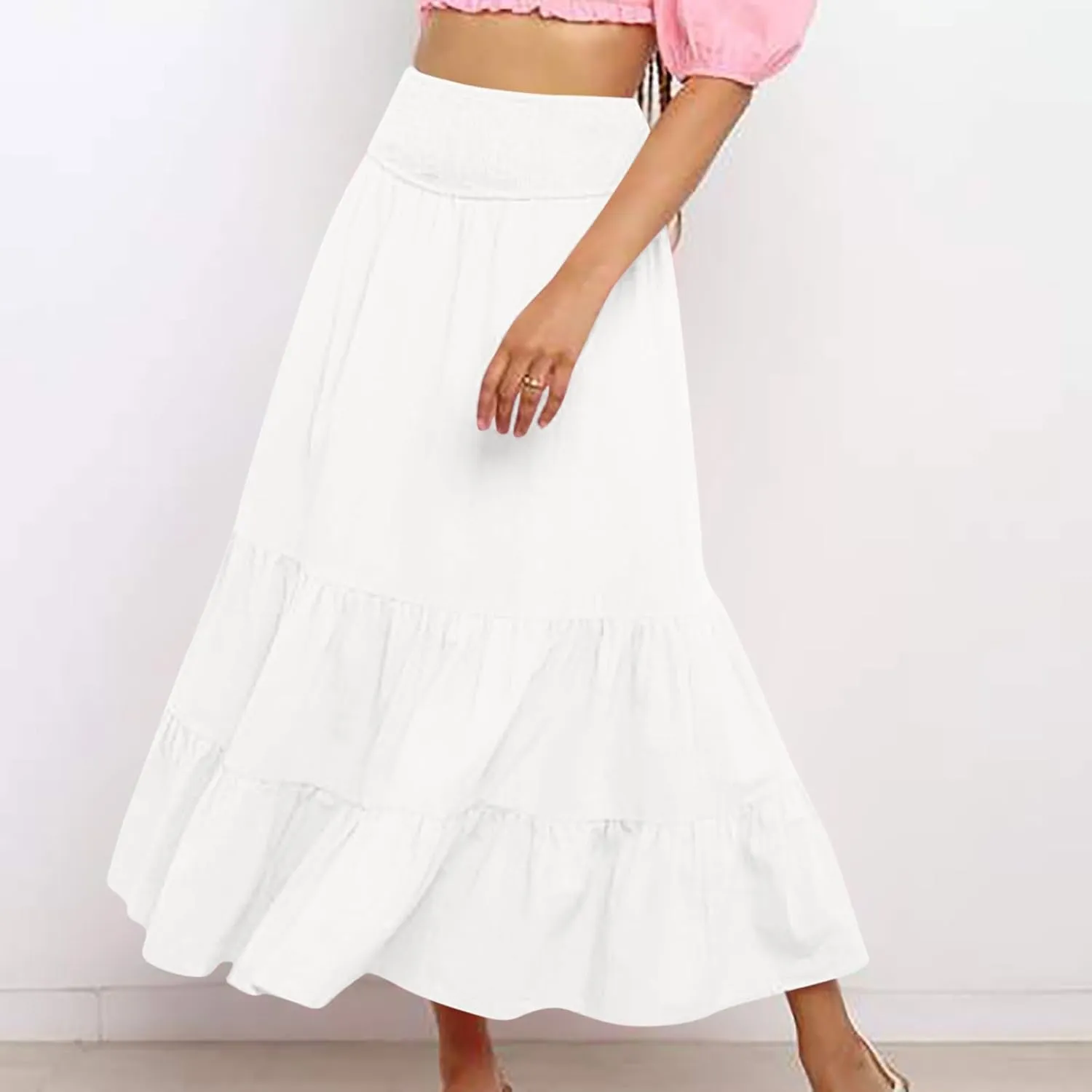 Long Flowy Skirts for Women Summer Ruffle Skirts High Waist Boho Skirts Pleated A Line Skirts Casual Vacation Skirts
