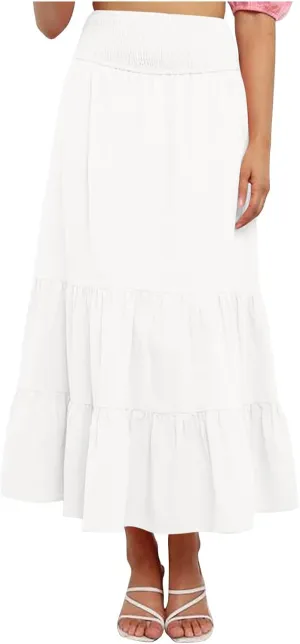 Long Flowy Skirts for Women Summer Ruffle Skirts High Waist Boho Skirts Pleated A Line Skirts Casual Vacation Skirts