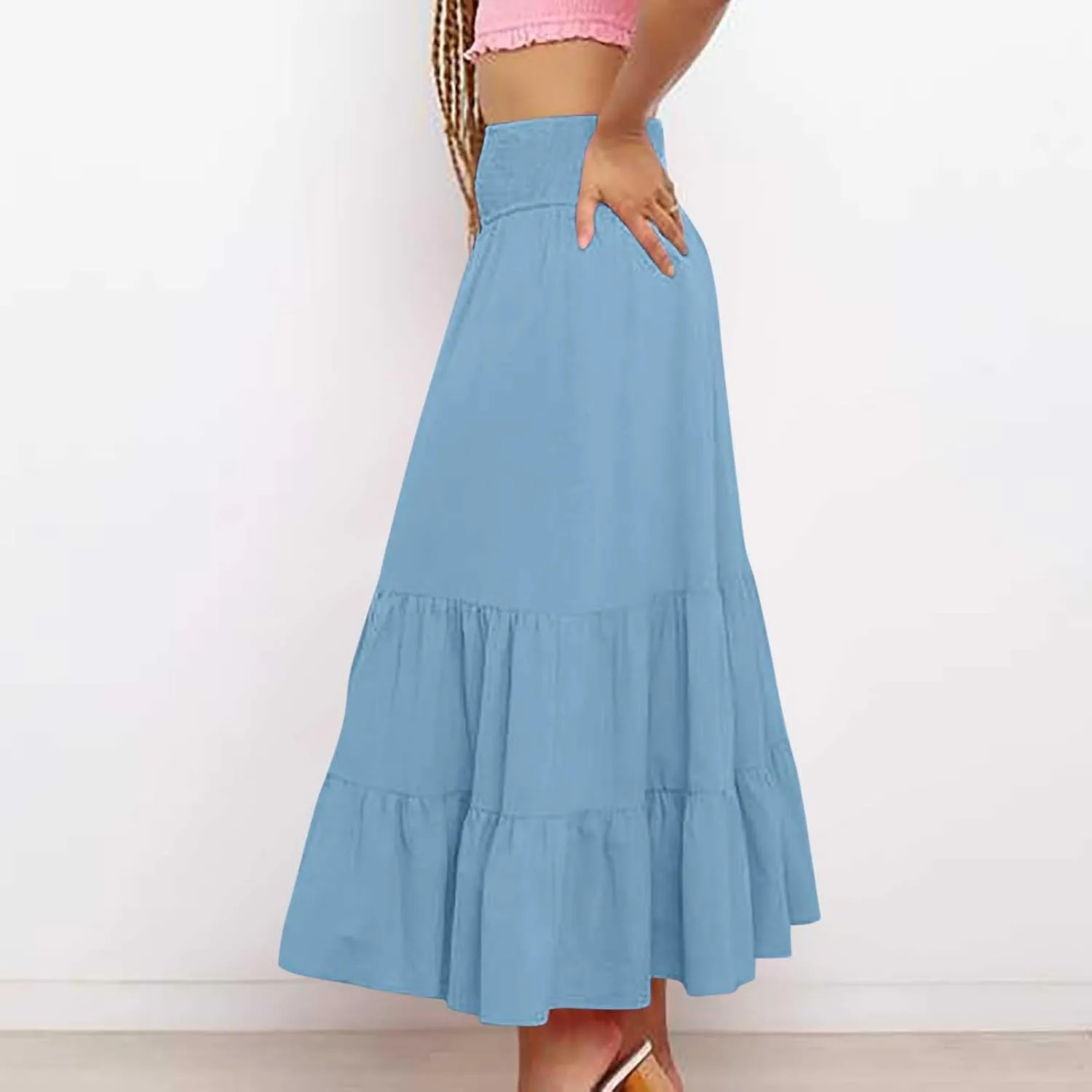 Long Flowy Skirts for Women Summer Ruffle Skirts High Waist Boho Skirts Pleated A Line Skirts Casual Vacation Skirts