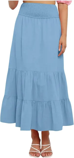 Long Flowy Skirts for Women Summer Ruffle Skirts High Waist Boho Skirts Pleated A Line Skirts Casual Vacation Skirts