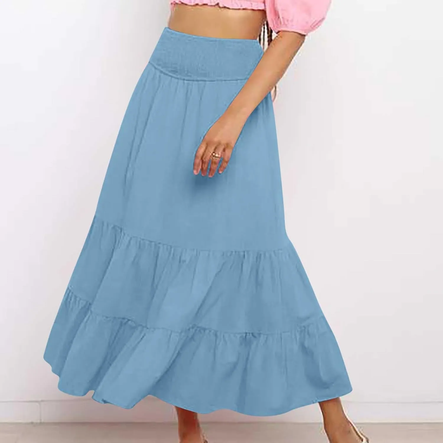 Long Flowy Skirts for Women Summer Ruffle Skirts High Waist Boho Skirts Pleated A Line Skirts Casual Vacation Skirts