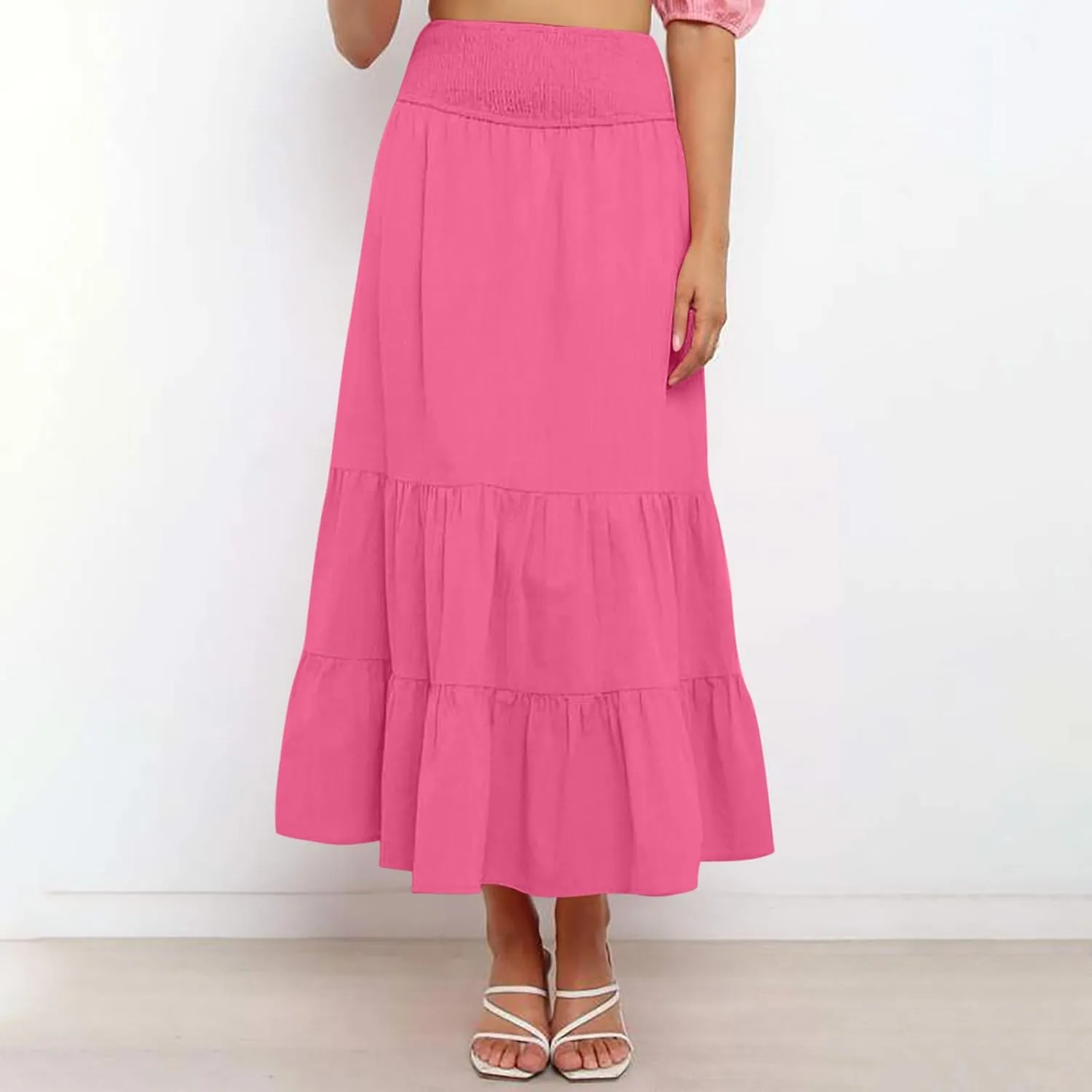 Long Flowy Skirts for Women Summer Ruffle Skirts High Waist Boho Skirts Pleated A Line Skirts Casual Vacation Skirts