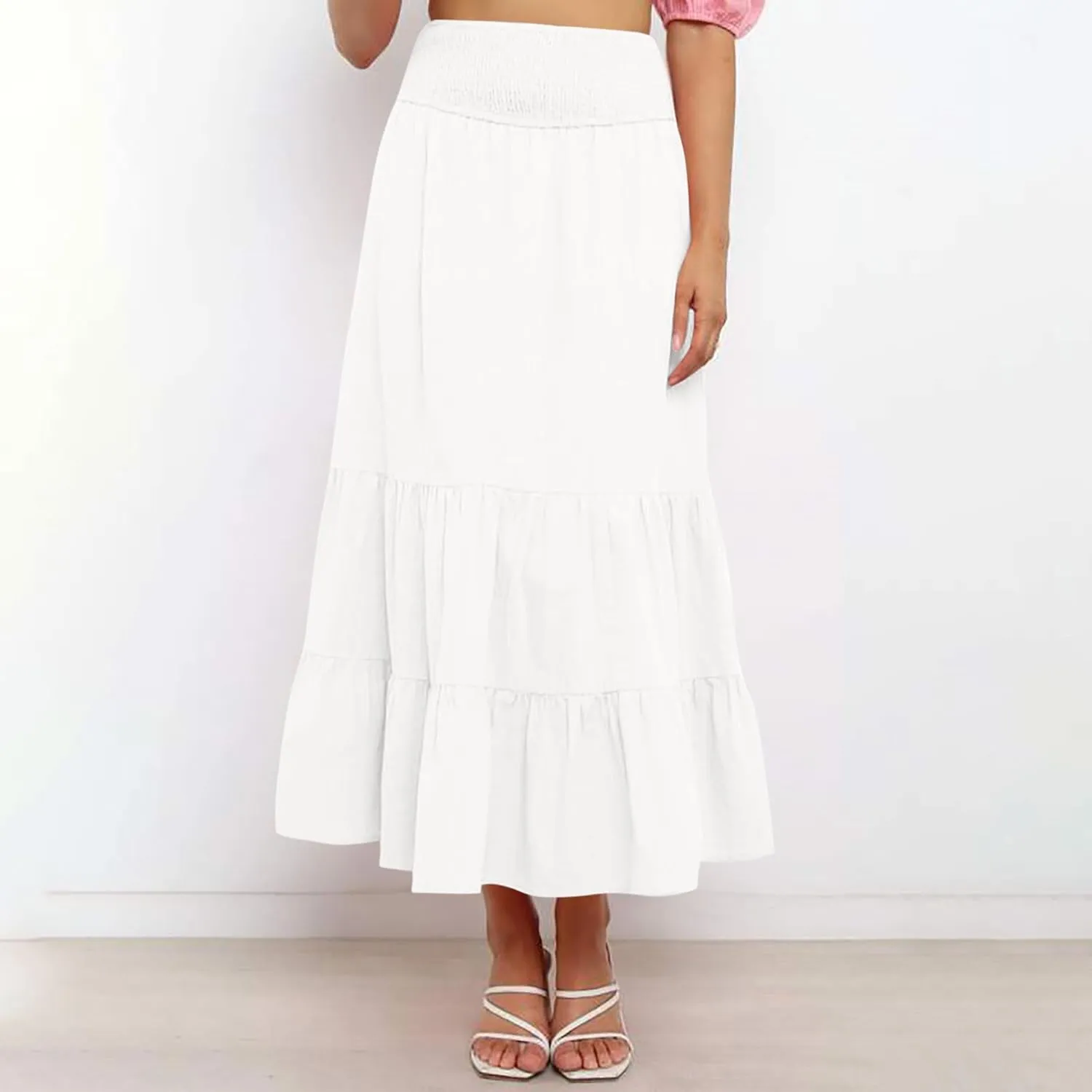Long Flowy Skirts for Women Summer Ruffle Skirts High Waist Boho Skirts Pleated A Line Skirts Casual Vacation Skirts
