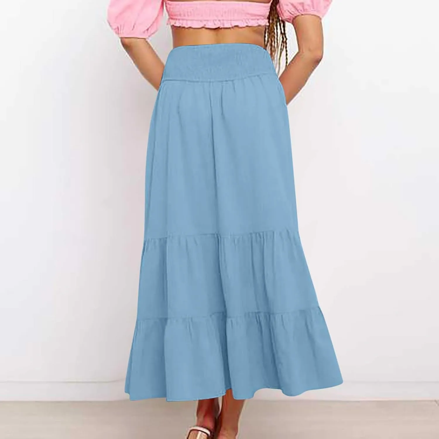 Long Flowy Skirts for Women Summer Ruffle Skirts High Waist Boho Skirts Pleated A Line Skirts Casual Vacation Skirts
