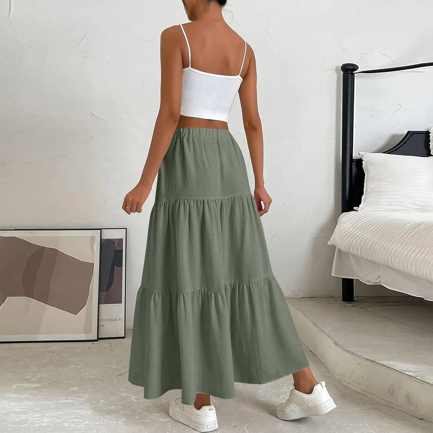 Long Skirts for Women Summer Maxi Skirt Drawstring Elastic High Waisted Layered Tiered A-Line Skirts Swing Skirt