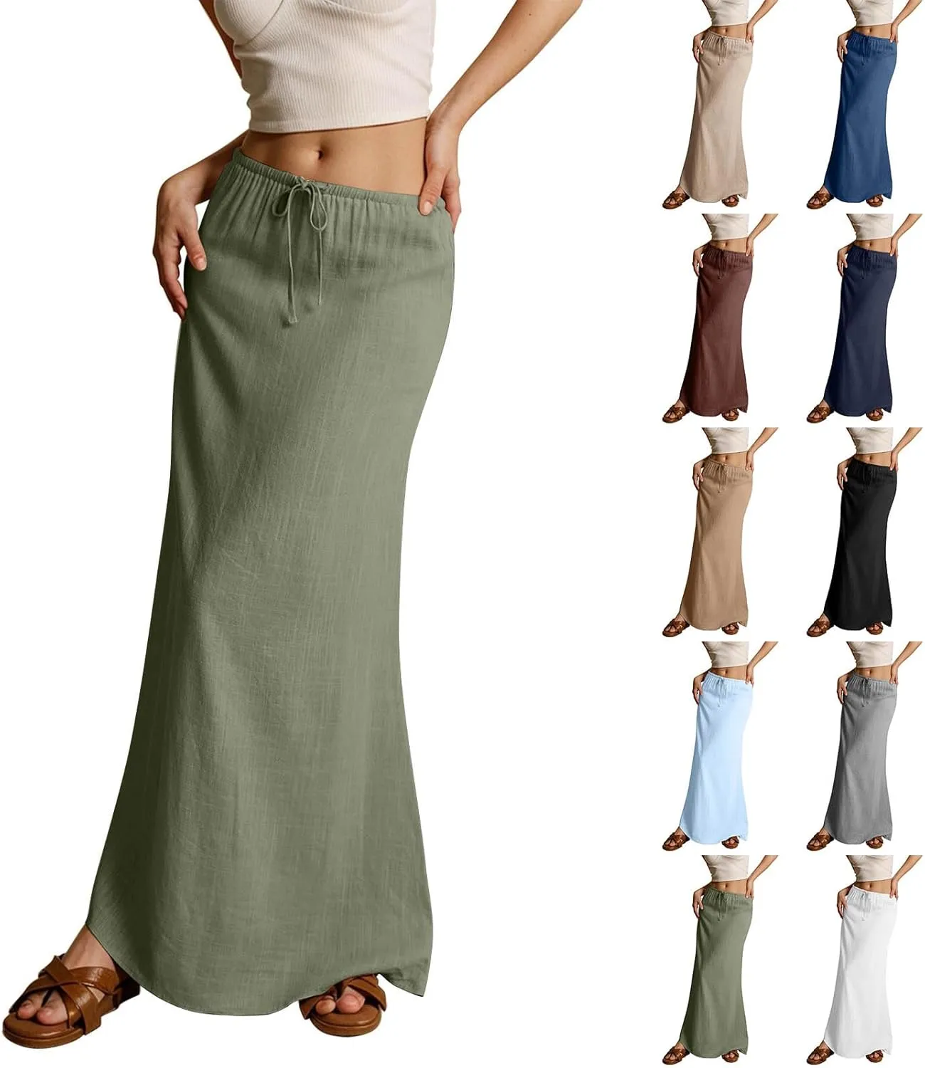 Long Skirts for Women,2025 Summer Trendy Drawstring Waist Linen Maxi Skirts,Casual Comfy Flowy Vacation Boho Skirts