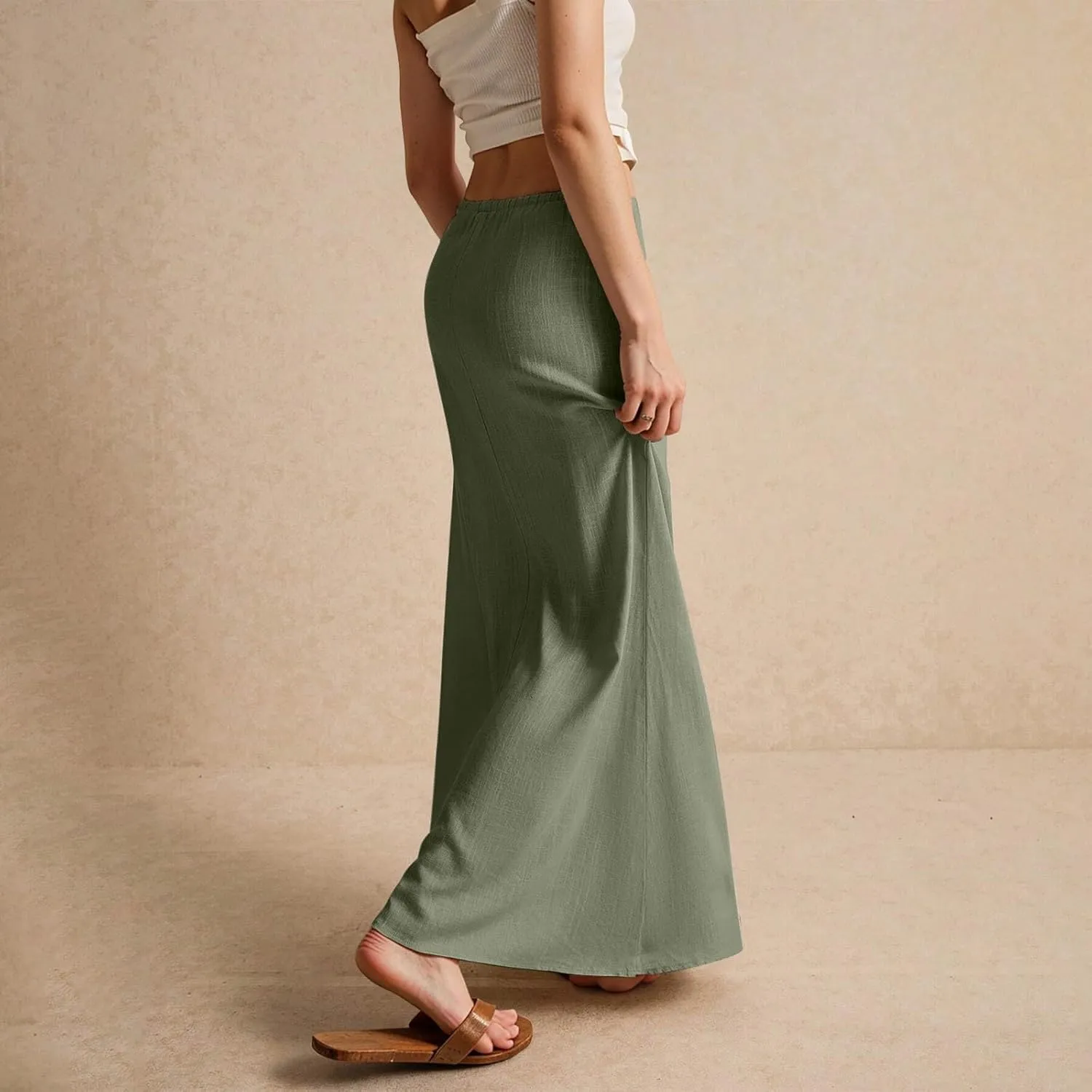 Long Skirts for Women,2025 Summer Trendy Drawstring Waist Linen Maxi Skirts,Casual Comfy Flowy Vacation Boho Skirts