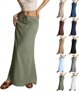 Long Skirts for Women,2025 Summer Trendy Drawstring Waist Linen Maxi Skirts,Casual Comfy Flowy Vacation Boho Skirts