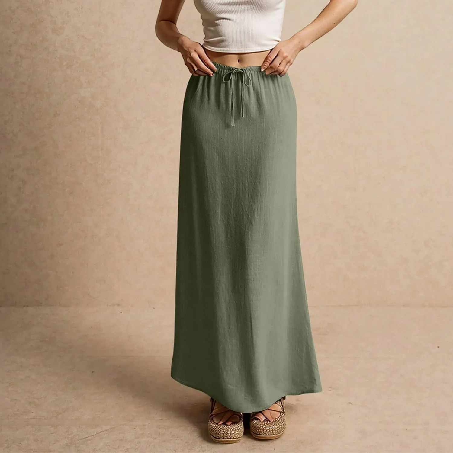 Long Skirts for Women,2025 Summer Trendy Drawstring Waist Linen Maxi Skirts,Casual Comfy Flowy Vacation Boho Skirts