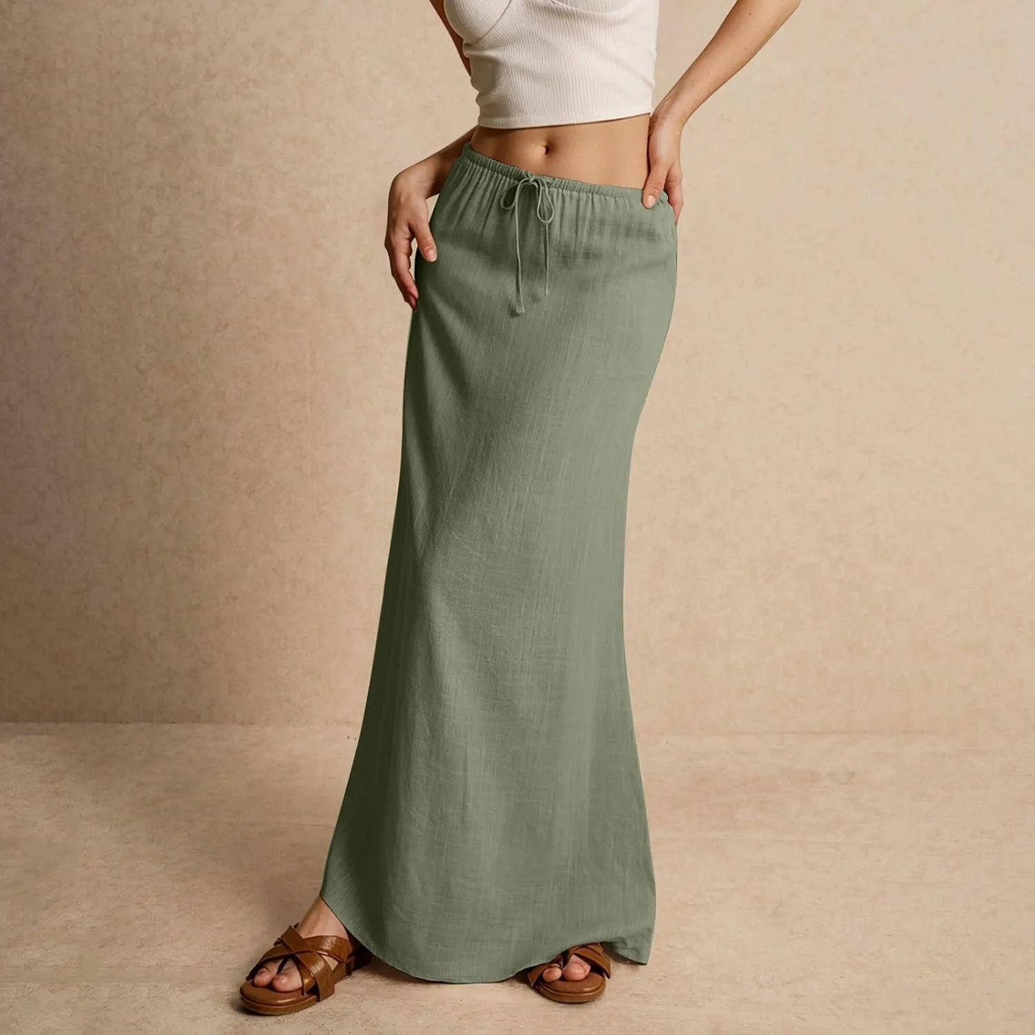Long Skirts for Women,2025 Summer Trendy Drawstring Waist Linen Maxi Skirts,Casual Comfy Flowy Vacation Boho Skirts