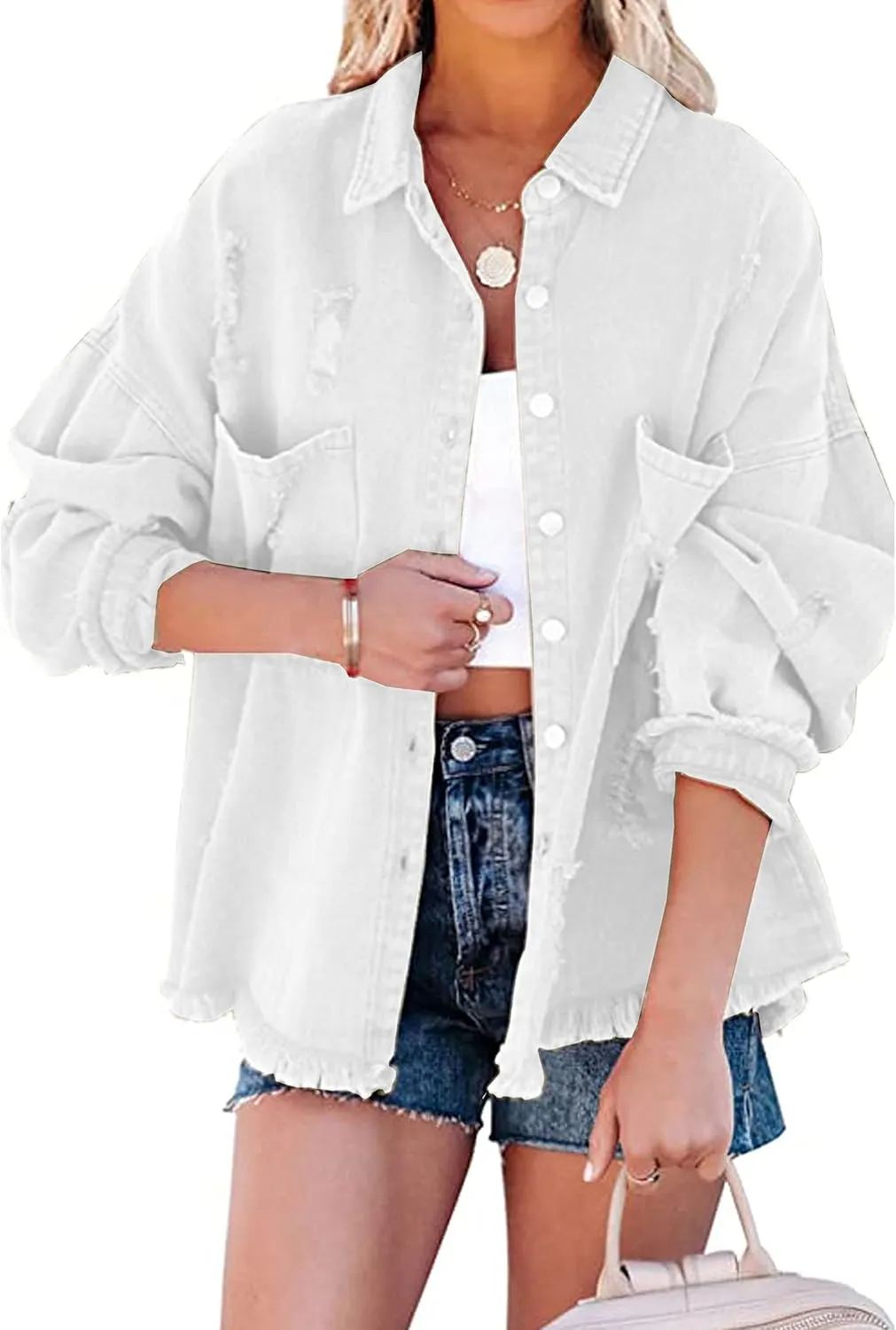 Lumister Womens Causal Oversized Soft Lightweight Distressed Jean Jacket Ripped Fringe Long Sleeve Denim Jacket Shacket