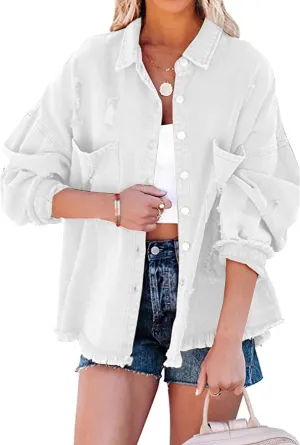 Lumister Womens Causal Oversized Soft Lightweight Distressed Jean Jacket Ripped Fringe Long Sleeve Denim Jacket Shacket