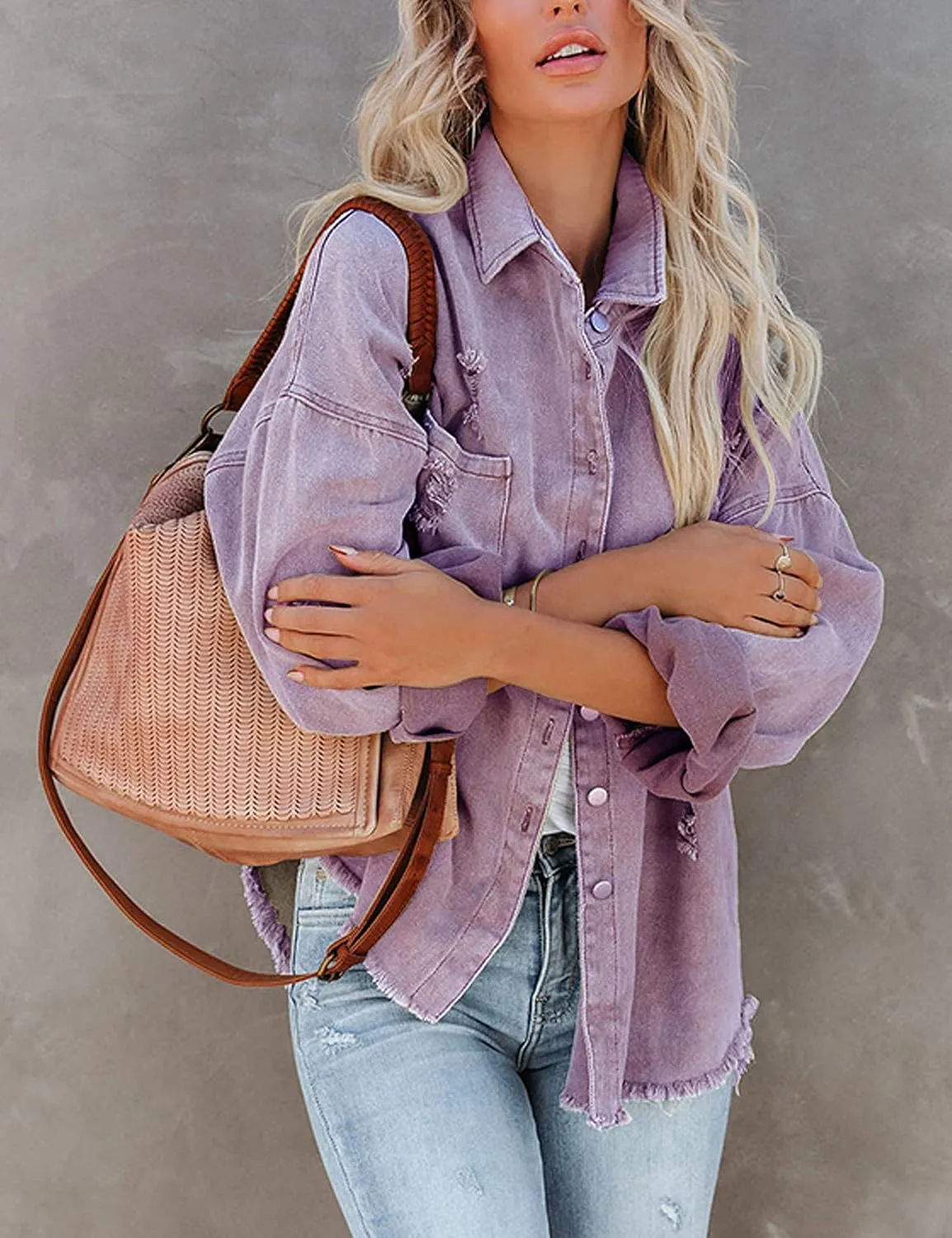 Lumister Womens Causal Oversized Soft Lightweight Distressed Jean Jacket Ripped Fringe Long Sleeve Denim Jacket Shacket