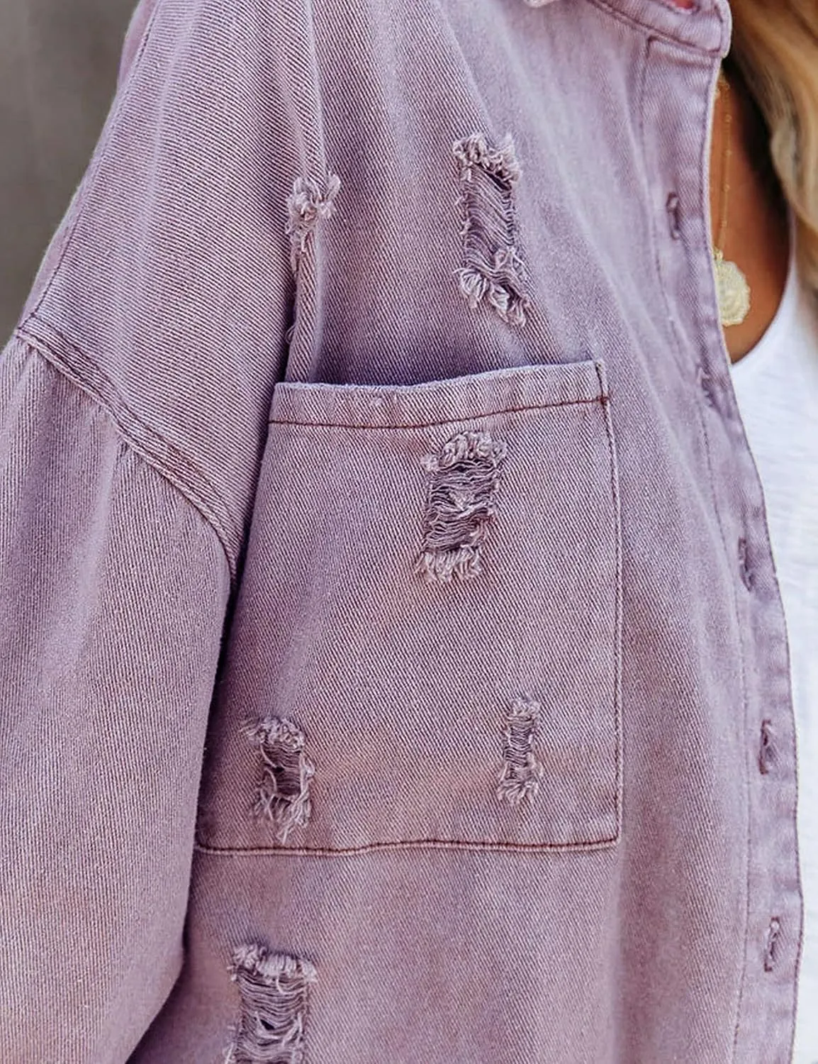 Lumister Womens Causal Oversized Soft Lightweight Distressed Jean Jacket Ripped Fringe Long Sleeve Denim Jacket Shacket