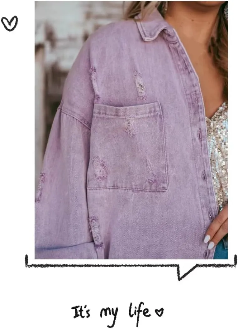 Lumister Womens Causal Oversized Soft Lightweight Distressed Jean Jacket Ripped Fringe Long Sleeve Denim Jacket Shacket