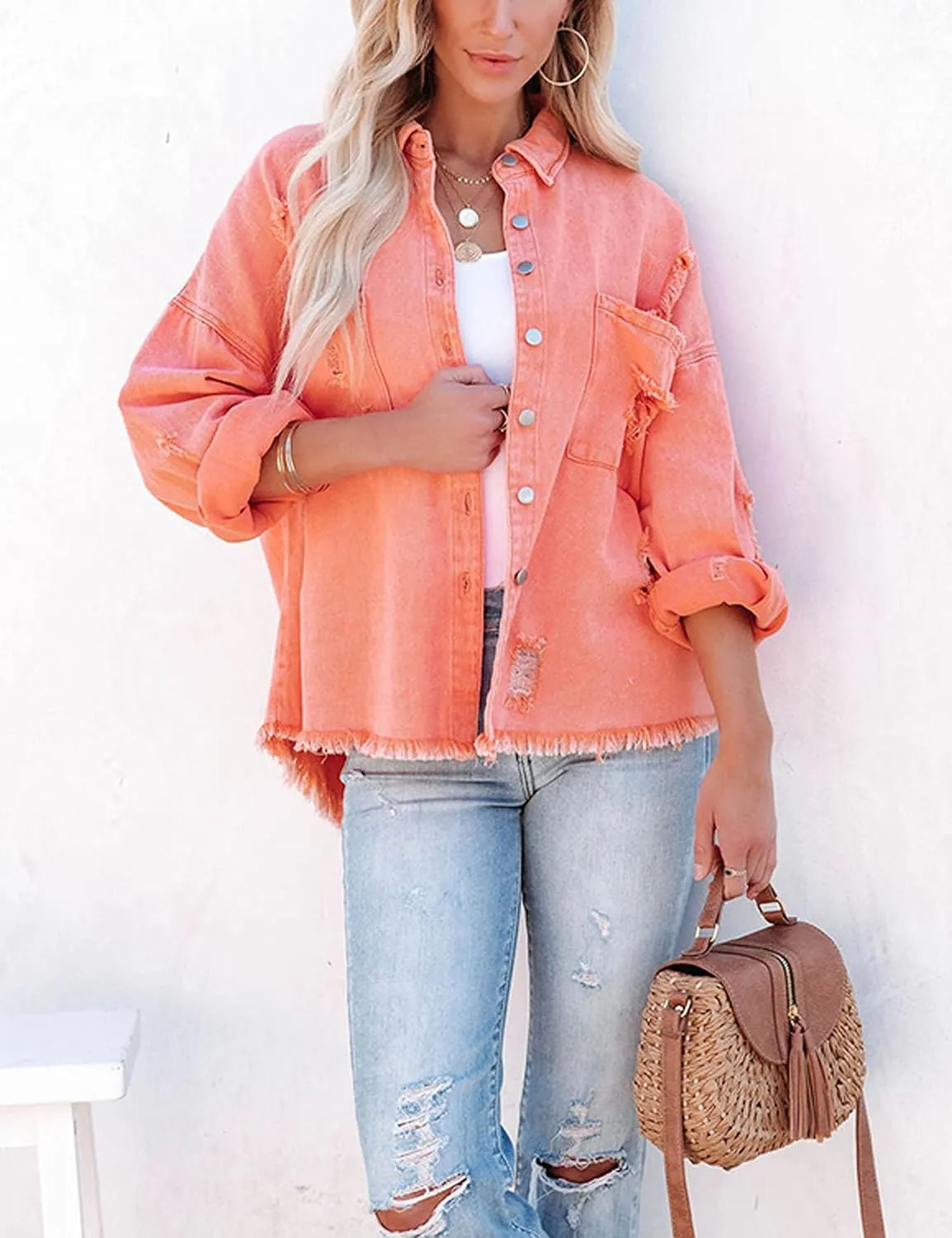 Lumister Womens Causal Oversized Soft Lightweight Distressed Jean Jacket Ripped Fringe Long Sleeve Denim Jacket Shacket