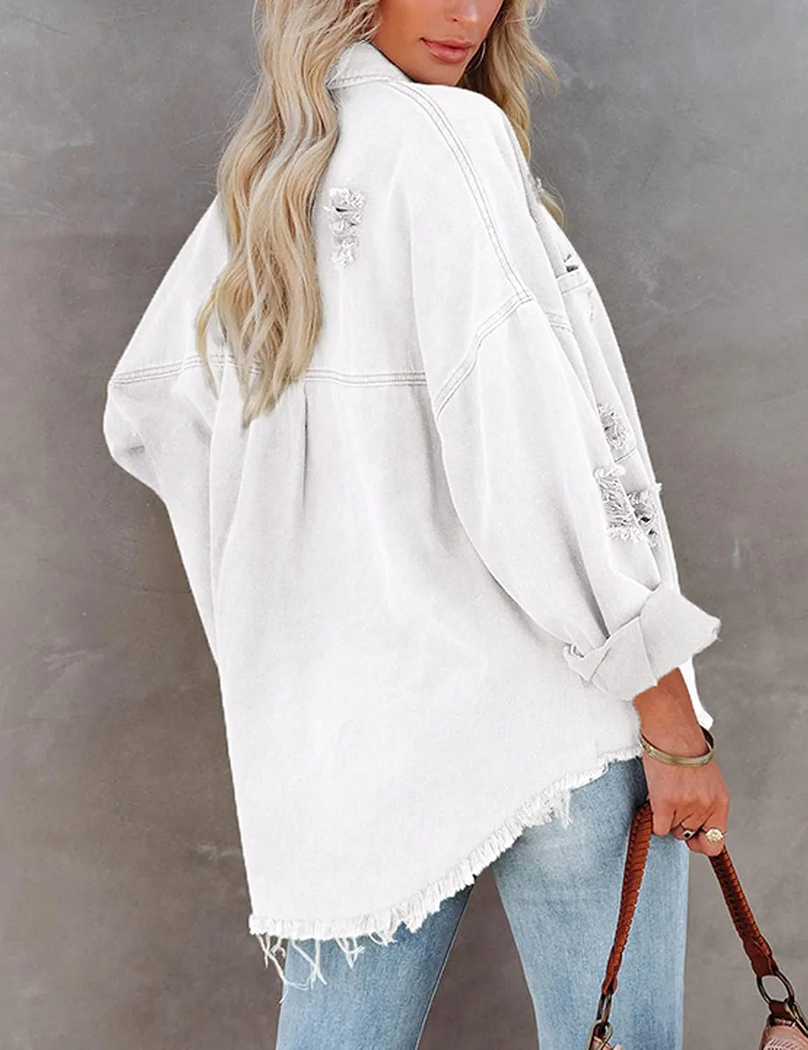 Lumister Womens Causal Oversized Soft Lightweight Distressed Jean Jacket Ripped Fringe Long Sleeve Denim Jacket Shacket