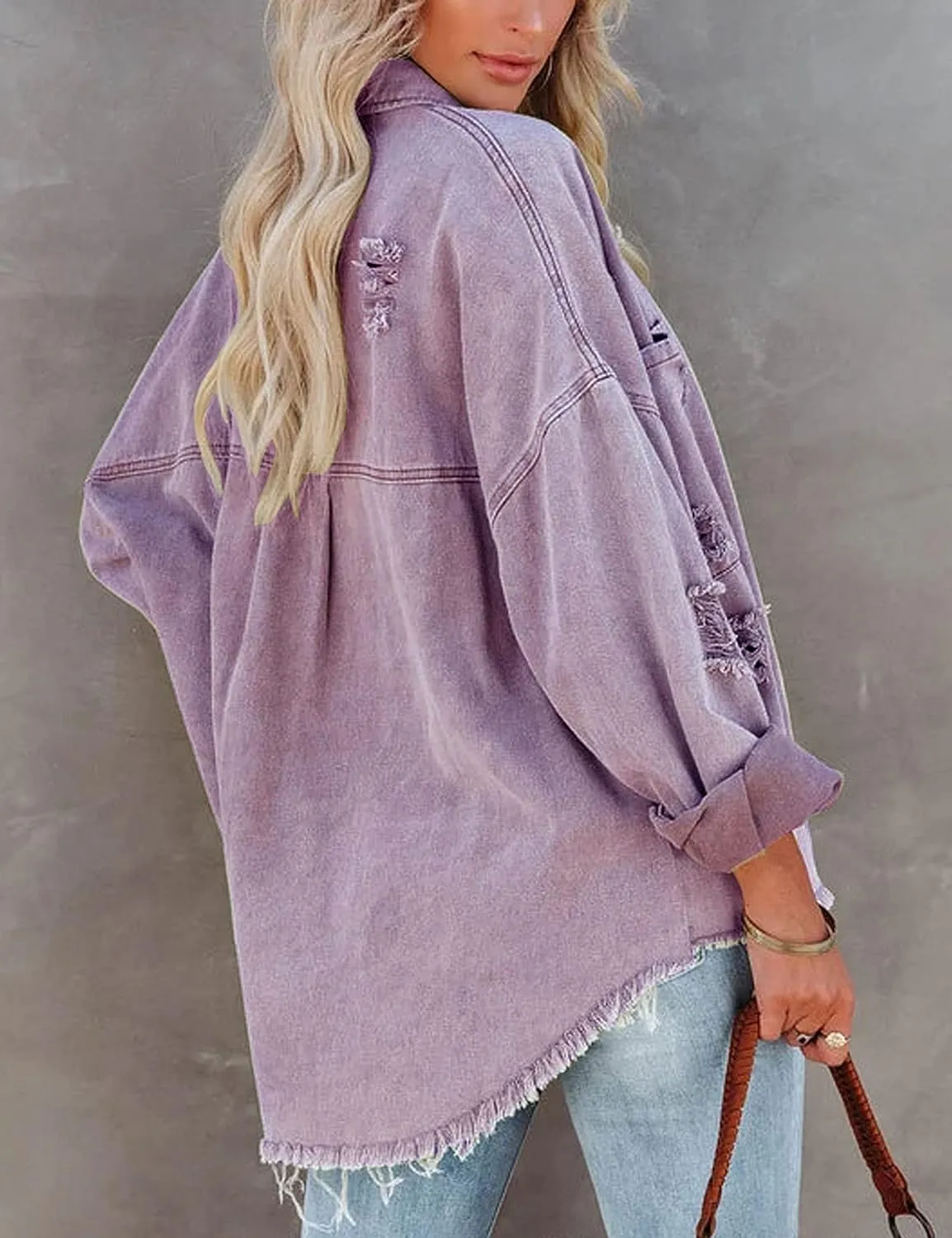 Lumister Womens Causal Oversized Soft Lightweight Distressed Jean Jacket Ripped Fringe Long Sleeve Denim Jacket Shacket