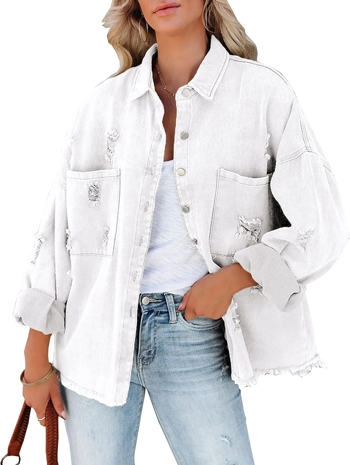 Lumister Womens Causal Oversized Soft Lightweight Distressed Jean Jacket Ripped Fringe Long Sleeve Denim Jacket Shacket