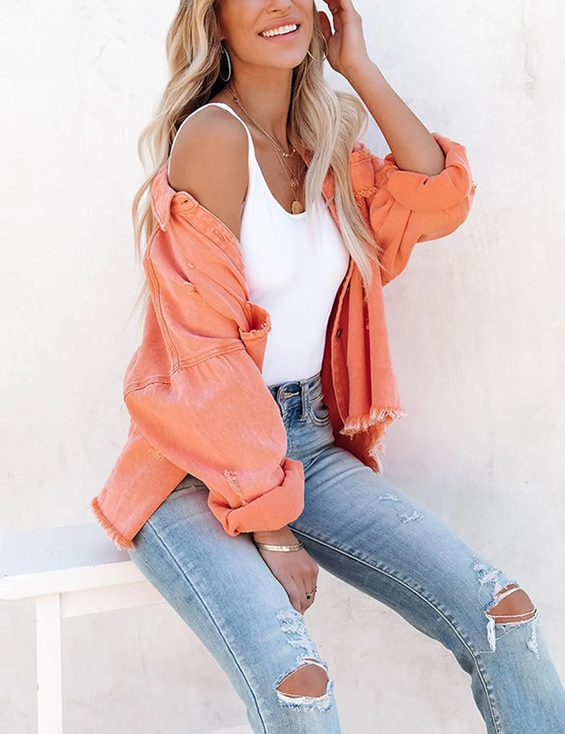 Lumister Womens Causal Oversized Soft Lightweight Distressed Jean Jacket Ripped Fringe Long Sleeve Denim Jacket Shacket