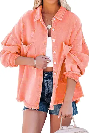 Lumister Womens Causal Oversized Soft Lightweight Distressed Jean Jacket Ripped Fringe Long Sleeve Denim Jacket Shacket