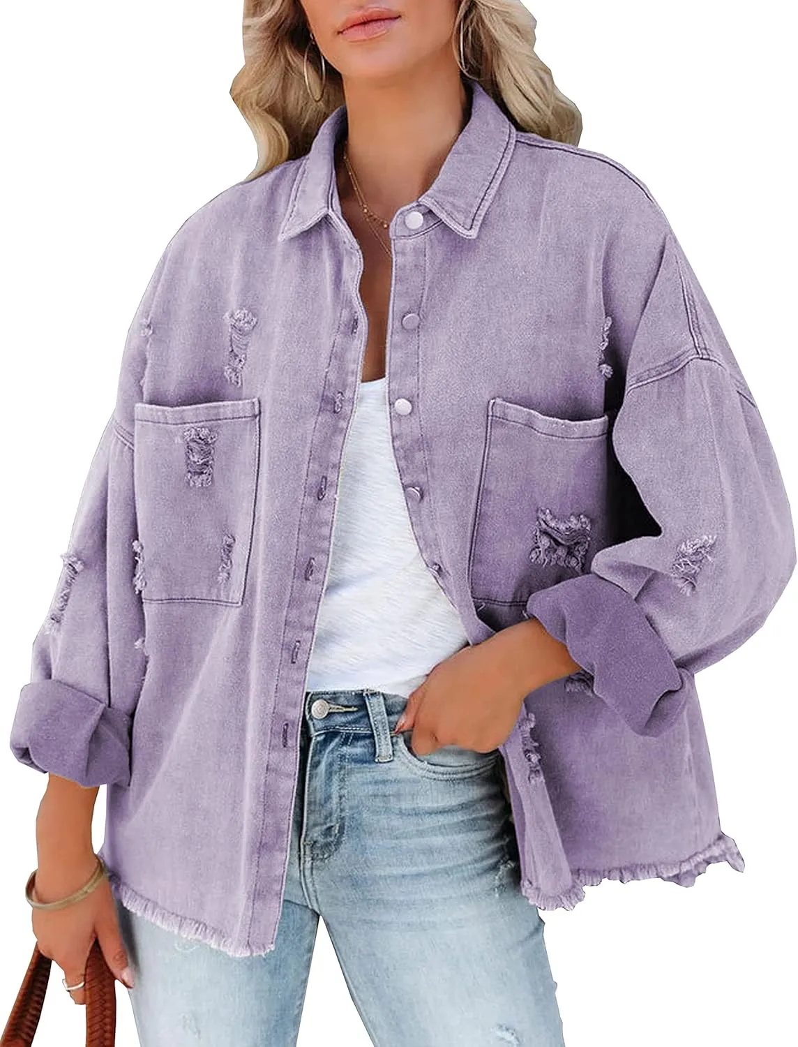 Lumister Womens Causal Oversized Soft Lightweight Distressed Jean Jacket Ripped Fringe Long Sleeve Denim Jacket Shacket