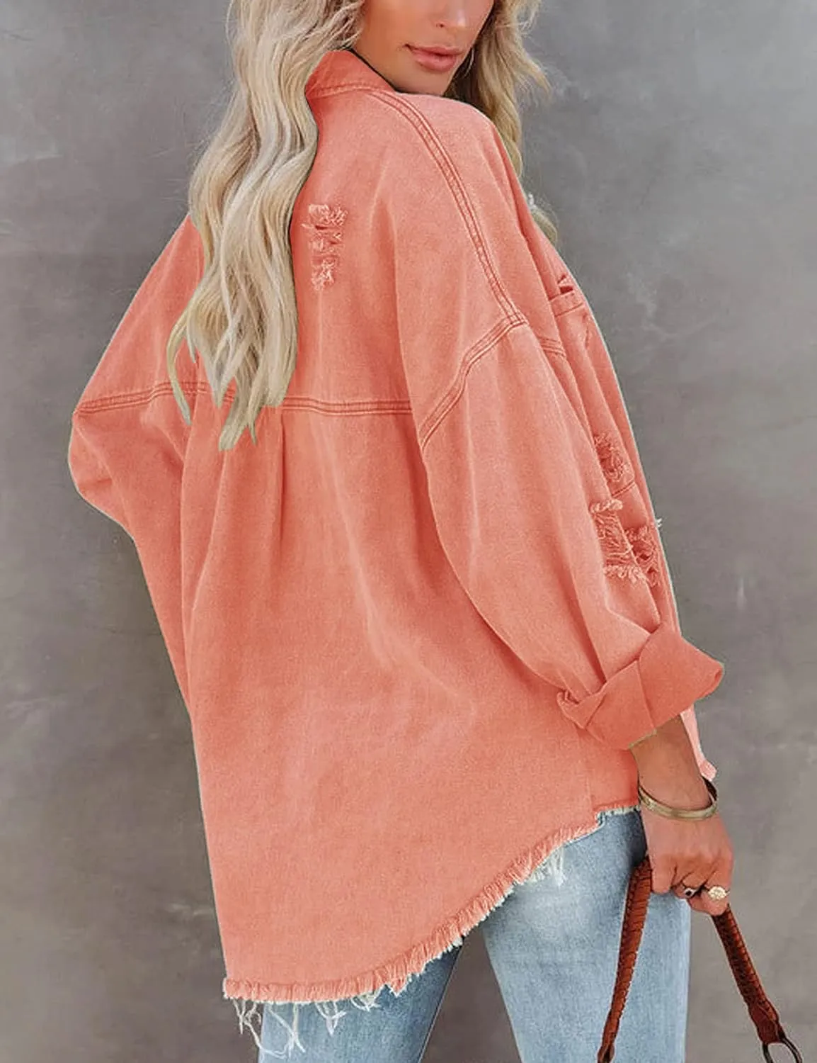 Lumister Womens Causal Oversized Soft Lightweight Distressed Jean Jacket Ripped Fringe Long Sleeve Denim Jacket Shacket